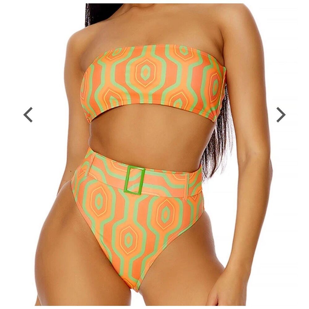 ForPlay Bandeau Bikini‎ Two Piece Swimsuit Orange Green Retro Size S Barbados